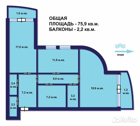 2-к квартира, 76 м², 2/9 эт.