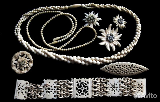 Резная Кость Броши Бусы Браслет Винтаж Резная Кость Броши Бусы Браслет Винтаж