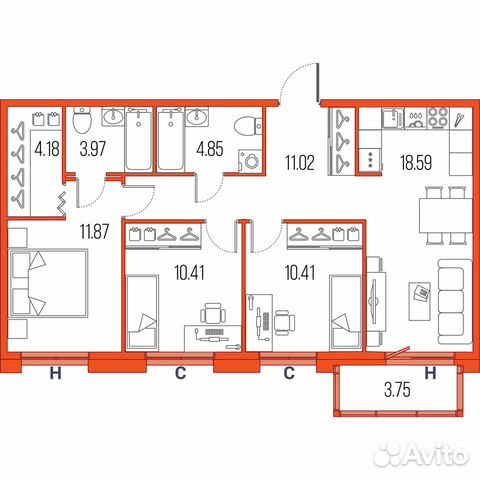 3-к квартира, 75.3 м², 17/22 эт.