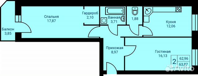 2-к квартира, 63.9 м², 9/9 эт. 2-к квартира, 63.9 м², 9/9 эт.