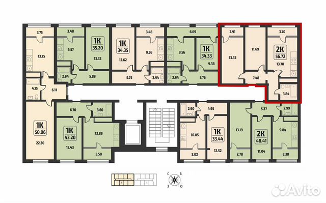 2-к квартира, 56.7 м², 3/8 эт.