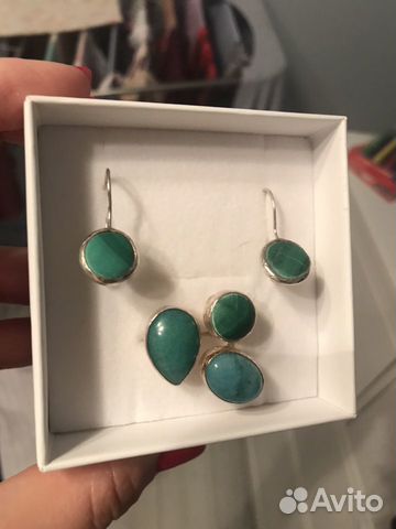Комплект кольцо и серьги (серебро, малахит, бирюза Комплект кольцо и серьги (серебро, малахит, бирюза