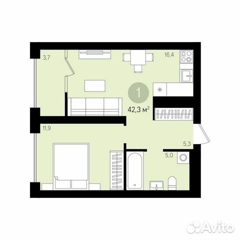 1-к квартира, 42.3 м², 12/16 эт.