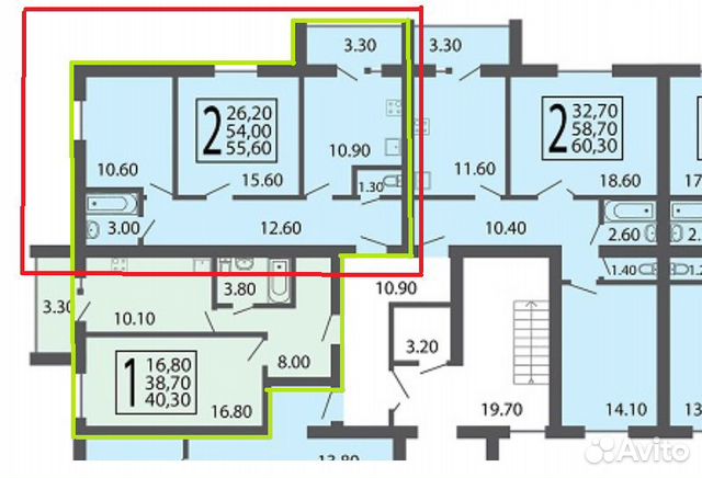 2-к квартира, 54.3 м², 2/5 эт.