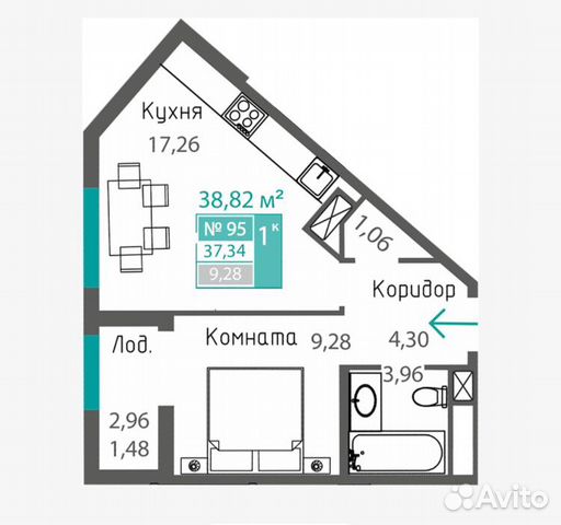 1-к квартира, 38.8 м², 12/15 эт.