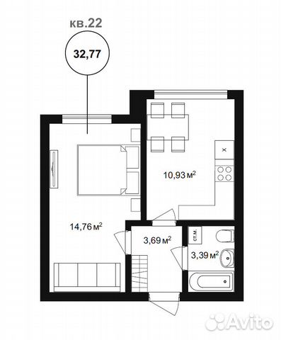 1-к квартира, 32.8 м², 2/3 эт. 1-к квартира, 32.8 м², 2/3 эт.