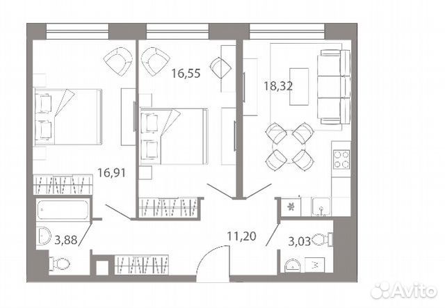 2-к квартира, 69.9 м², 7/8 эт.