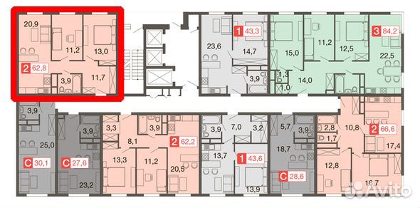 2-к квартира, 62.8 м², 5/25 эт.
