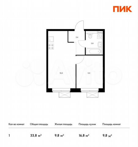 1-к. квартира, 33,8 м², 17/17 эт.