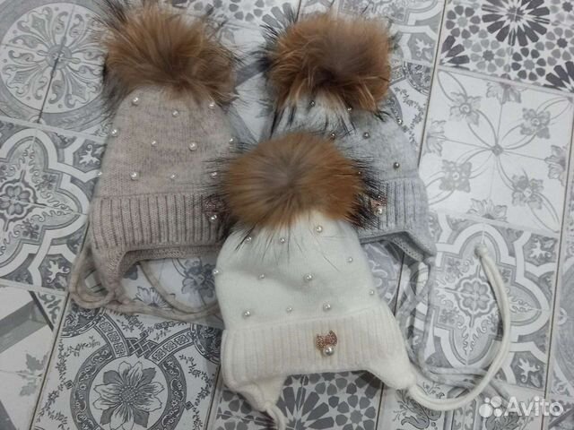 Шапка с натуральным помпоном 6-12 мес
