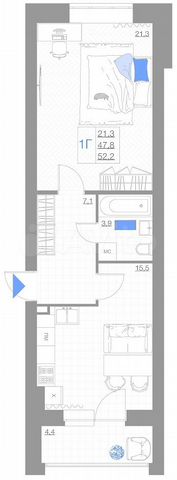 1-к. квартира, 52,2 м², 3/5 эт.