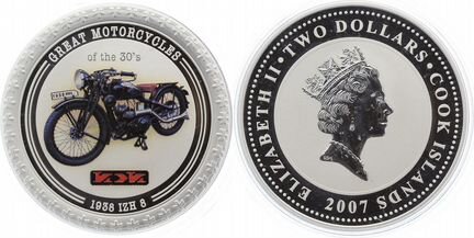 Монета. 2 доллара. Остров Кука. Мотоцикл И Ж 8