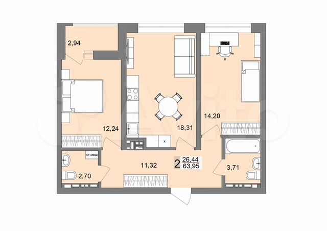 2-к. квартира, 63,6 м², 21/26 эт.