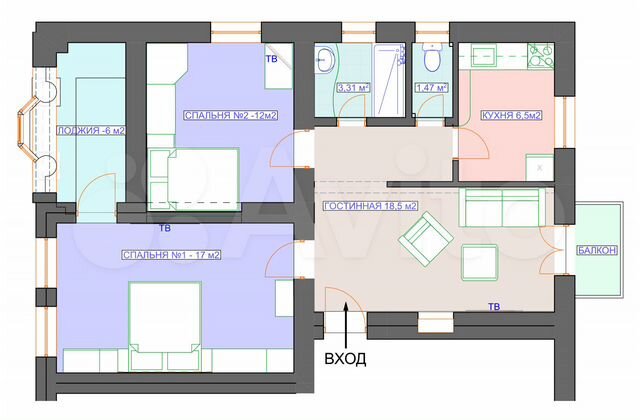 3-к. квартира, 64 м², 2/3 эт.