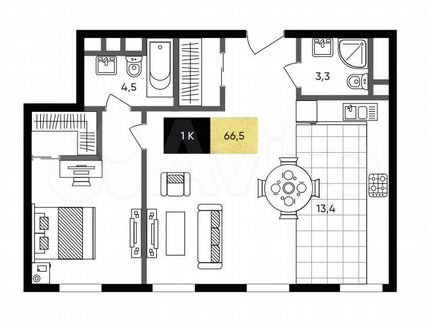 1-к апартаменты, 66.5 м², 5/8 эт.