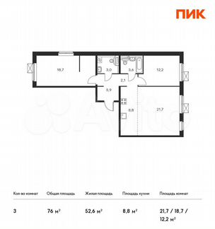 3-к квартира, 76 м², 18/25 эт.