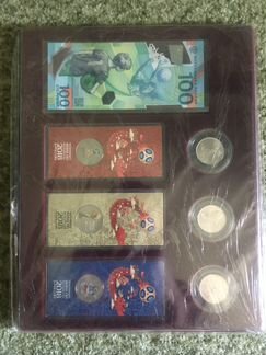 Набор монет и купюра чм 2018 на бархате