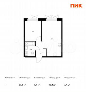 1-к квартира, 39.3 м², 15/17 эт.