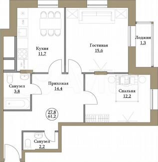 2-к квартира, 61.2 м², 2/17 эт.