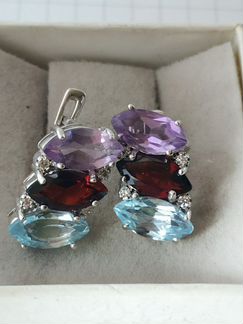 Серьги гранат аметист голубой топаз серебро