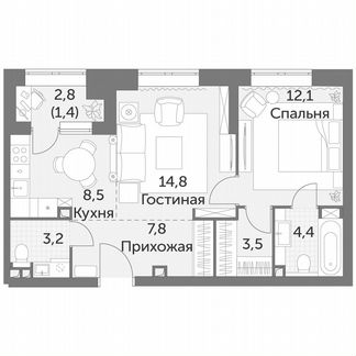 2-к квартира, 55.7 м², 13/48 эт.