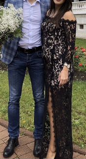 Платье ажурное чёрное длинное с разрезом