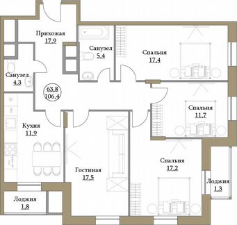 4-к квартира, 106.4 м², 2/17 эт.